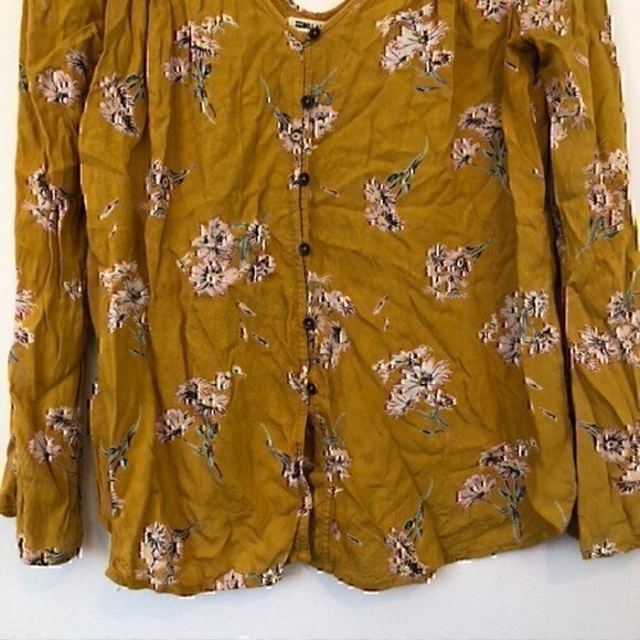 BILLABONG Forget Me Knot Shirt Mustard Yellow V-Neck Button Down Blouse JRS XS - Picture 6 of 11